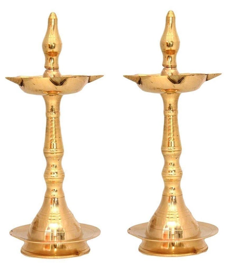 NOBILITY Brass Oil Lamp Diya 10 Inch Kerala Traditional Samai Deepak Lamp Kutthu vilakku Panchmahal Deepam for Pooja Mandir Diwali Indian Gift Items Puja Set Pack of 2 - Image 1